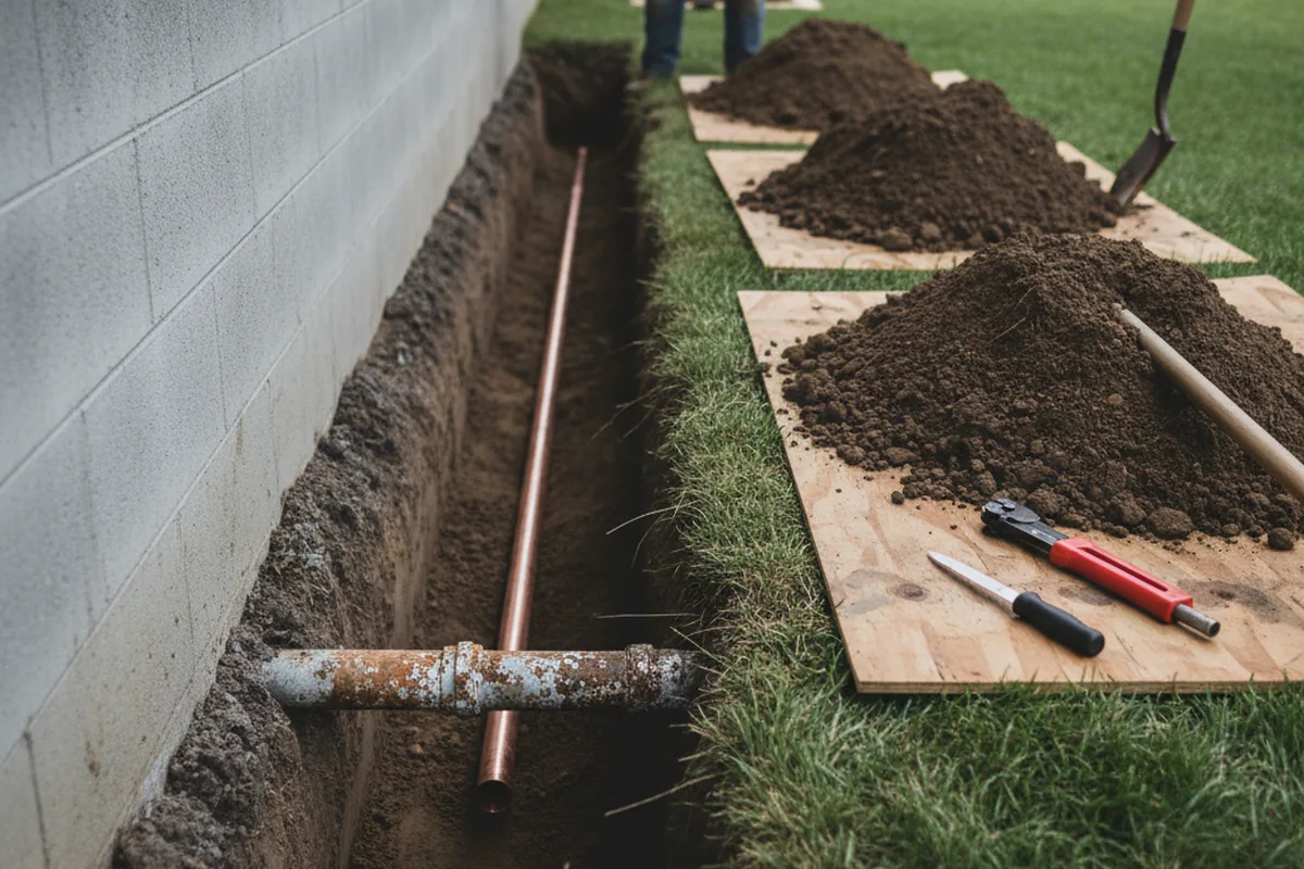 Excavated water line trench during Water Softener Installation in Kendall Park